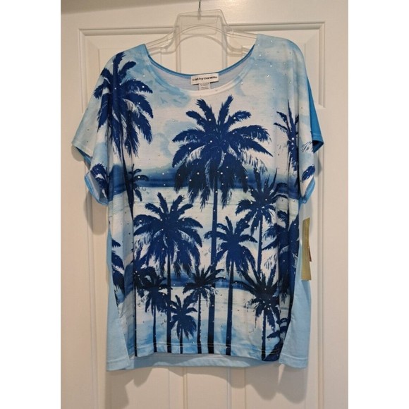 NWT Cathy Daniels T-shirt Womens Size 1x Sequin Palm Tree Short Sleeve Blue - Picture 1 of 6